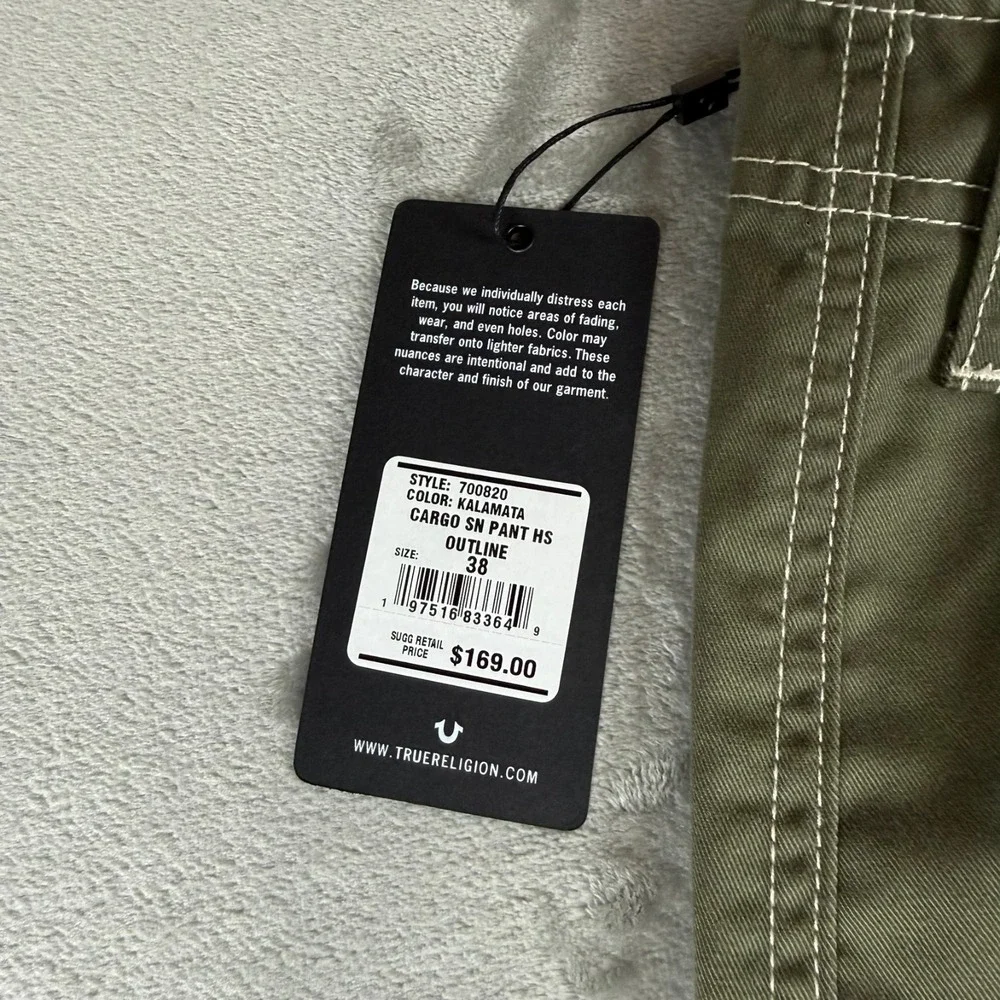 True Religion Cargo Pants Mens 38x32 Kalamata Green Military Baggy $169 New NWT